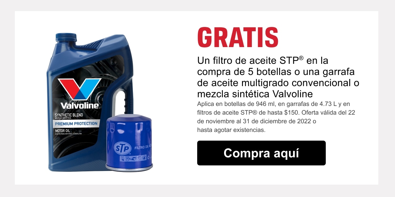 Compra 5 botellas o una garrafa de aceite Valvoline multigrado o semi si   ntetico y llevate gratis filtro de aceite STP de hasta $150