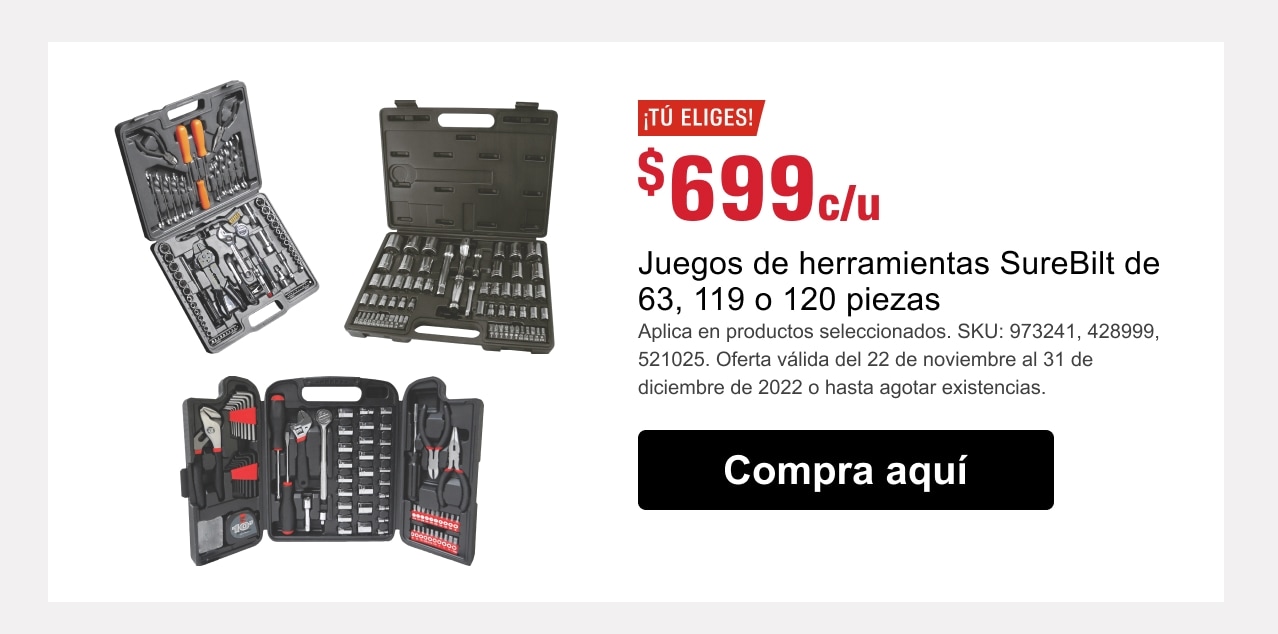  Tu eliges, juegos de herramientas Surebilt de 120 pzas, 119 pzas  63pzas a solo $699